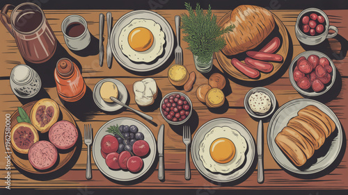 Delicious breakfast spread with eggs fruits bread and sausages on a wooden table