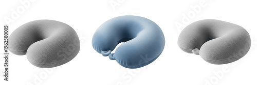 U-shaped travel neck pillow set in gray and blue colors isolated on white background comfort gear