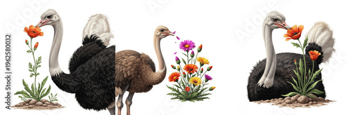 African ostrich bird set standing and sitting near colorful spring flowers isolated on white background