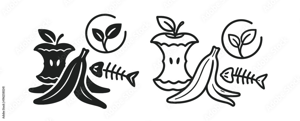 Naklejka premium organic waste recycling icon, food compost and biodegradable disposal vector symbol, eco sustainability and sorting line illustration on transparent background