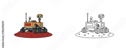 Mars exploration rover in orange and grey cartoon style and black and white line art version isolated on white background representing space science and planetary study
