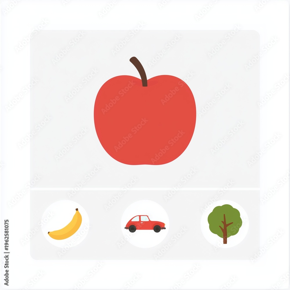 Obraz premium Educational flashcard for categorization and object recognition with apple and multiple icons