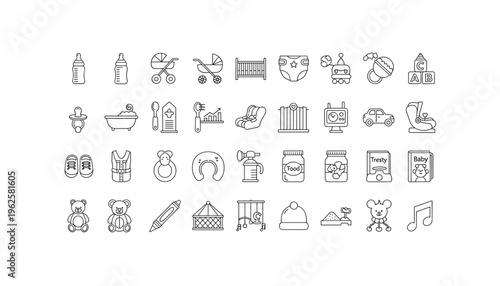 Baby care and nursery essentials in simple line art style