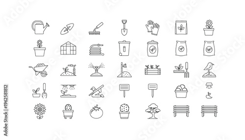 Gardening icon set with various tools and plants