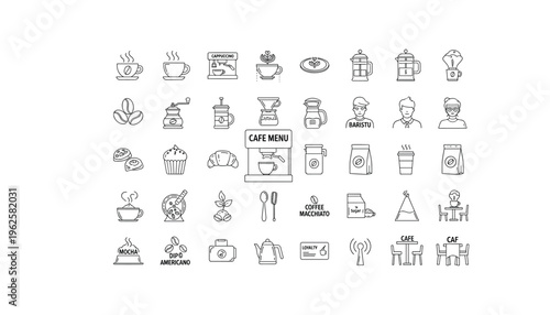 Set of modern coffee shop illustrations and icons for menu design