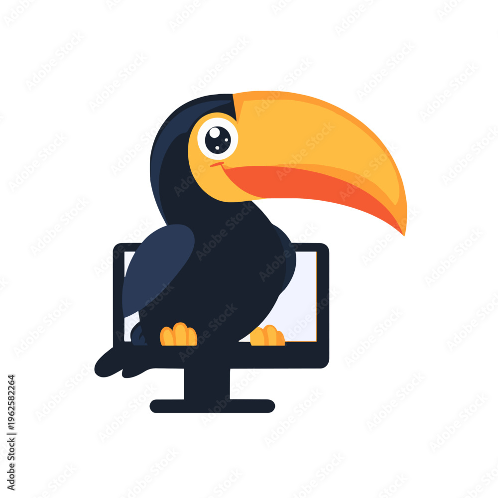 Naklejka premium Toucan on Computer Screen Cartoon Character Illustration. Cute Bird on Desktop Monitor Concept. Tropical Mascot for Tech Company. Friendly Animal Logo Design for App, Game, Website [Vector]