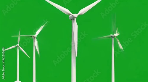 Wind turbines on green background, renewable energy concept