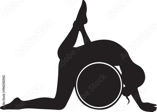 Dynamic Pilates woman silhouette collection, performing core strengthening exercise with a fitness ball, isolated for health and wellness