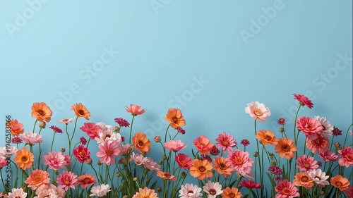 Vibrant garden scene with colorful blooming flowers including daisies, poppies, and cosmos, set against a clear blue sky