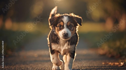 Adorable puppy running toward camera on a sunlit path, with a joyful expression, surrounded by autumn foliage and warm glows