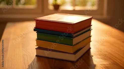 stack of colorful books on wooden table in sunny room