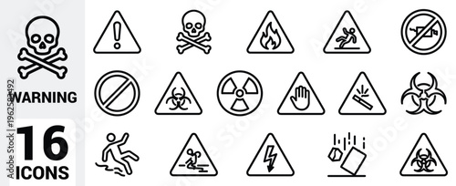 Safety and hazard warning icon set featuring caution signs, toxic symbols, electrical danger, biohazard, radiation, flammable, corrosive, slipping, and explosive risk markers