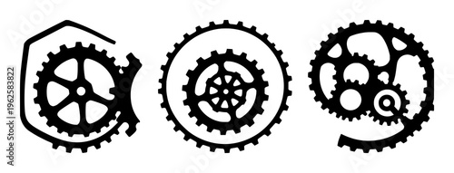 Gear and cogwheel interlocking silhouette set with simple silhouette design featuring gears, mechanical, engineering with black and white and line art