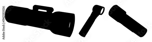 Flashlight set with silhouette on dark background featuring handheld illumination, battery icon, switch with minimalist black and white and line art