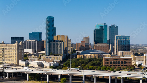 Tablou pe pânză Fort Worth Texas downtown skyline with highway traffic