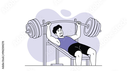 Struggling Man Doing Bench Press Exercise at Gym, Intense Workout for Muscle Building and Strength Training