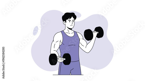 Young Man Exercising with Dumbbells, Demonstrating Strength and Fitness in a Modern Flat Illustration Style