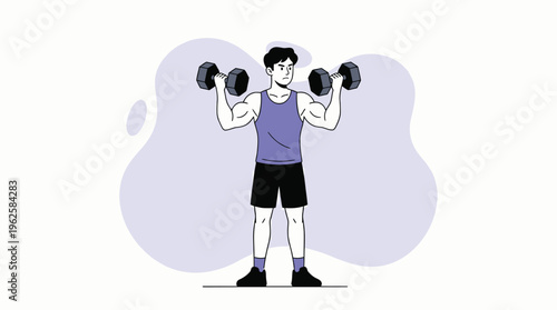 Illustrated Man Doing Bicep Curls with Dumbbells, Exercising for Fitness and Strength