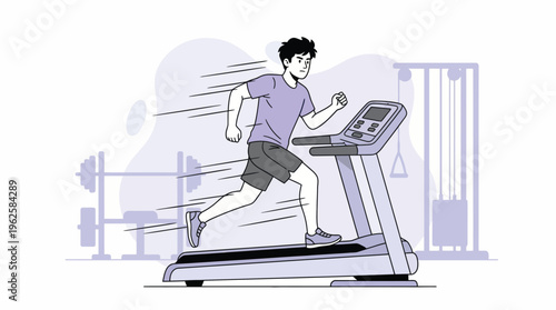 Young Man Running on Treadmill in a Modern Gym Environment - Fitness and Healthy Lifestyle Concept Illustration