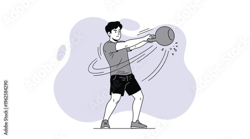 Energetic Man Performing Kettlebell Swing Exercise in Dynamic Fitness Workout Illustration for Strength Training