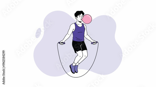 Energetic Man Jumping Rope and Blowing a Pink Bubblegum Bubble, Engaging in a Fun and Healthy Workout Activity
