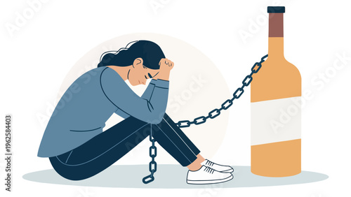 A woman sits on the ground chained to a bottle of wine, symbolizing addiction and struggle.