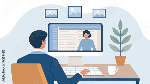 A man in a blue suit sits at a desk working on a computer with a woman on the screen