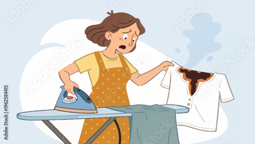 A cartoon woman ironing a shirt that has been burnt by the iron.