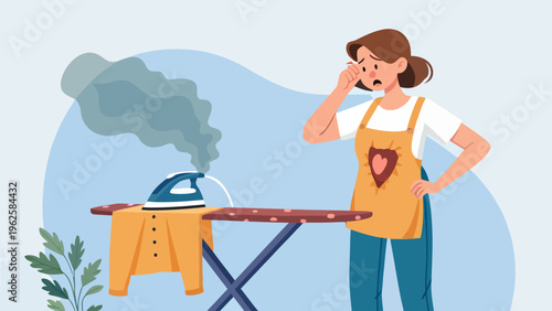 A frustrated woman standing next to a smoking iron and ironing board with a plant nearby