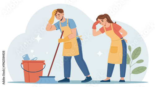 A cartoon illustration of a tired man and woman wearing aprons and cleaning supplies, looking exhausted while standing together.