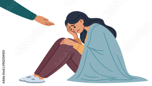 A sad woman sits on the ground with a hand reaching out to her in a gesture of comfort or support.