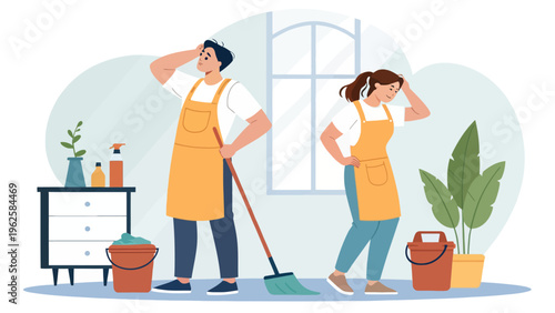 A cartoon illustration of a man and woman wearing aprons and cleaning supplies, looking stressed in a tidy room.
