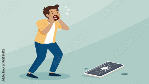 A cartoon man is shocked and upset next to a broken smartphone on the ground