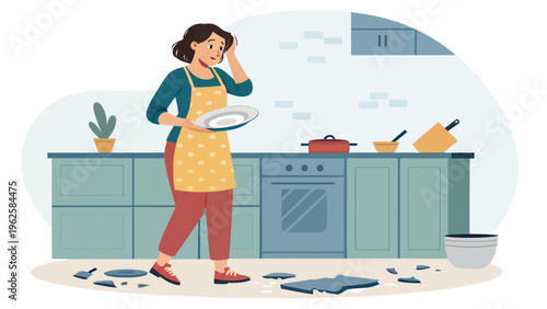 A frustrated woman stands in a messy kitchen surrounded by broken dishes and utensils