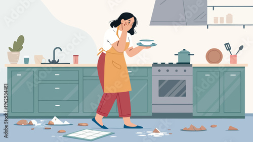A frustrated woman stands in a messy kitchen surrounded by scattered food and broken dishes.