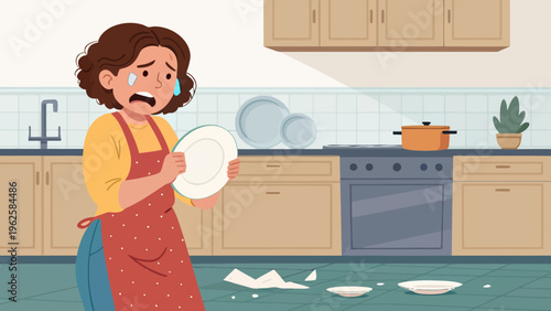 A frustrated woman crying in a kitchen while holding a broken plate