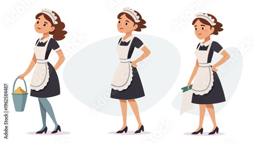 A cartoon maid in various poses wearing a black dress and white apron