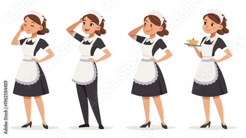 A cartoon illustration of a maid in various poses, showcasing different expressions and actions.