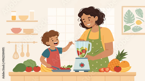 A mother and son preparing a healthy meal together in a modern kitchen with fresh fruits and vegetables.