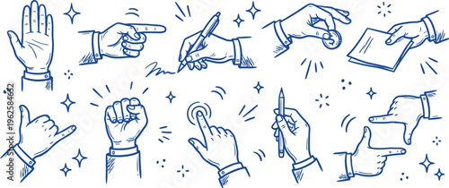 Business hand gestures and office actions for professional communication and corporate workflow documentation