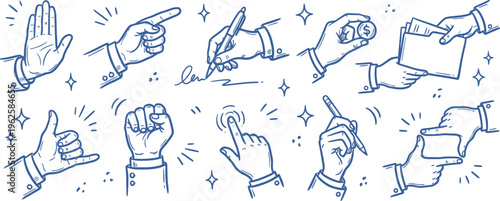 Business hand gesture doodle set with pointing signing payment and interaction actions for corporate communication UI design and professional presentation assets
