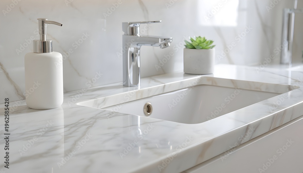 Fototapeta premium Marble Counter with One Soap Dispenser and Tiny Plant Interior Mockup