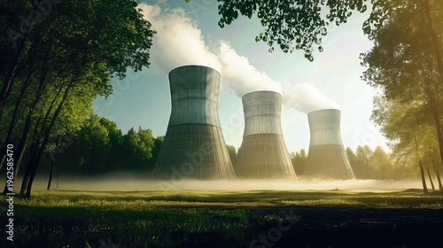 Three nuclear cooling towers with steam in a green forest under a bright sky.