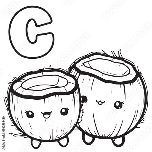 Vector coloring page element with letter C and two coconuts