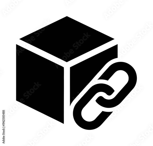 Blockchain technology icon featuring 3D cube and chain links | black silhouette representing decentralized data security | minimalist vector illustration