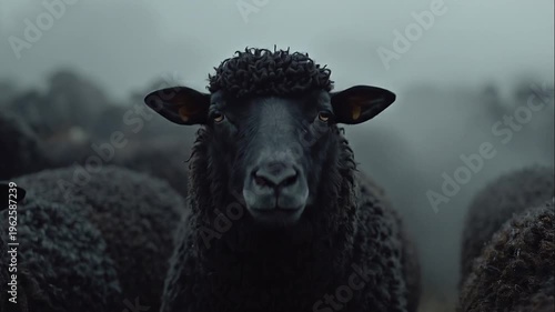 A dense flock of black sheep with thick, woolly coats congregates outdoors under a cloudy sky