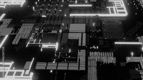 An abstract microcircuit with illuminated elements and a complex structure of electronic components. The illustration symbolizes modern computing systems, data flow, and a high-tech environment.