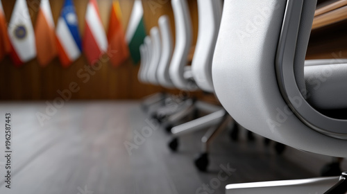Conference room with empty white office chairs facing blurred international flags, symbolizing global diplomacy, multilateral meetings, negotiation, policy discussion and cooperation