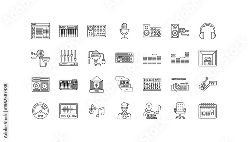 Music production icons set for audio editing software interface