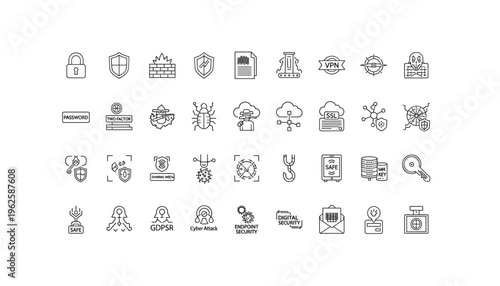 Collection of cybersecurity icons for digital security and protection